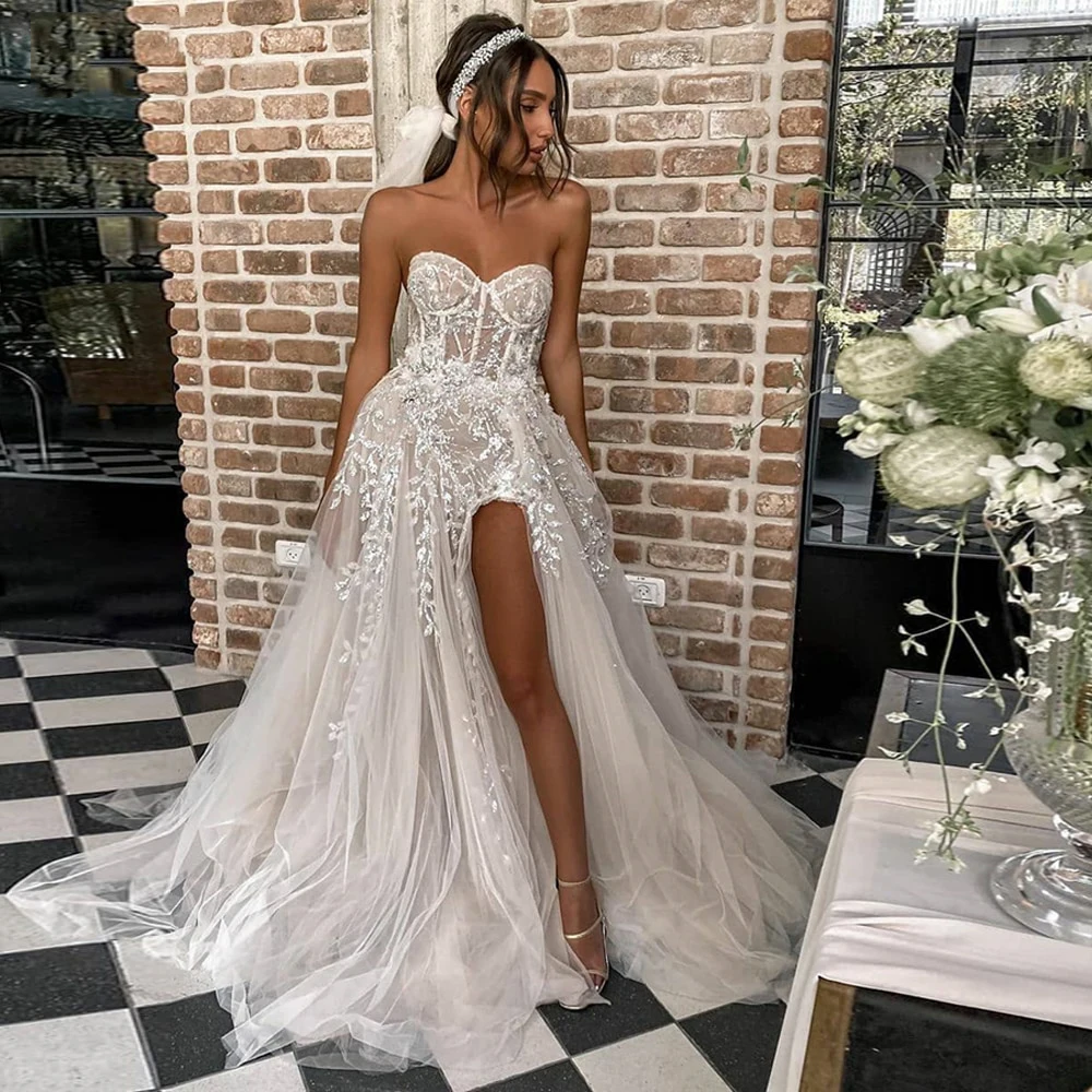 Elegante linha a lateral fenda sem mangas vestidos de casamento tule apliques andar comprimento strapless zíper bola vestidos de noiva 2022 novo