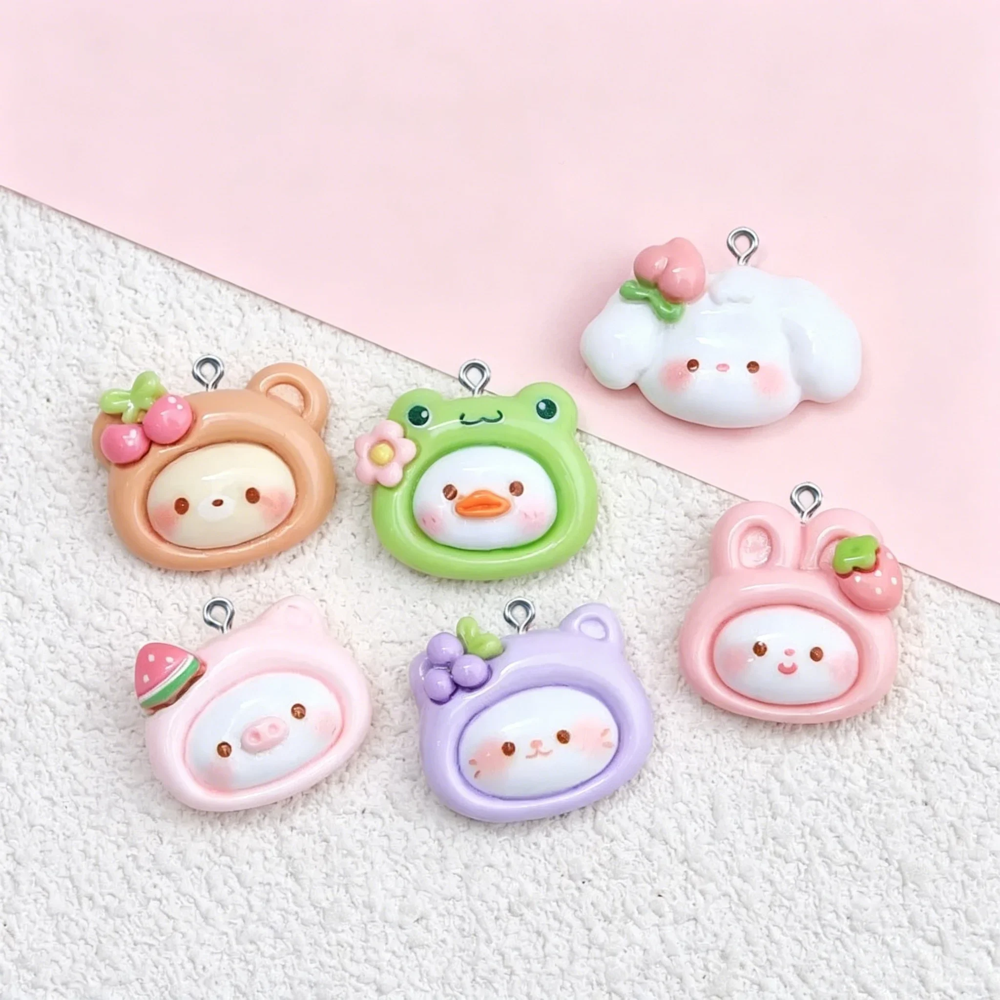 10Pcs Bear Rabbit Fruit Resin Pendants, Cute Animal Charms with Cherry Strawberry for DIY Handmade Jewelry