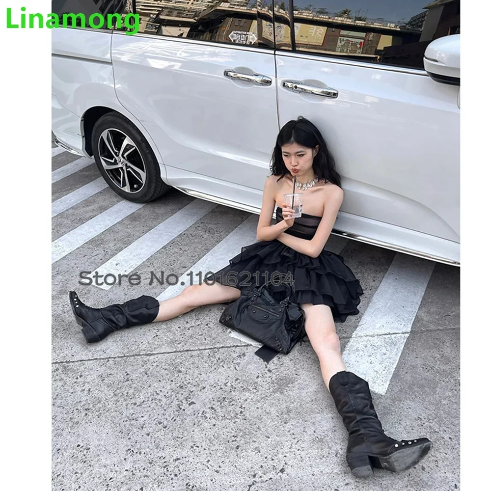 Metal Rivets Chunky Heel Long Boots For Female Women Vintage Leather Fabric Pointed Toe V-necked Fashion Casual Western Boots