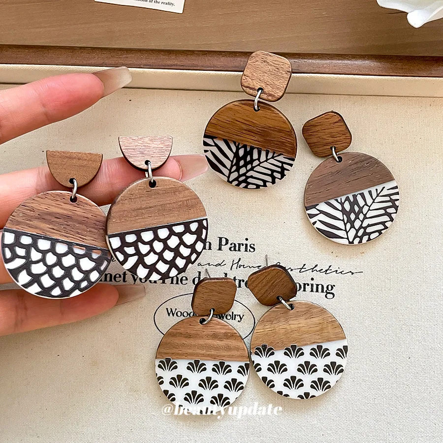 Pendientes Redondos de Madera Estilo Boho, con Patrón Étnico Pintado a Mano, Pendientes Colgantes Vintage, Joyería Circular Geométrica para la Oreja, Regalo