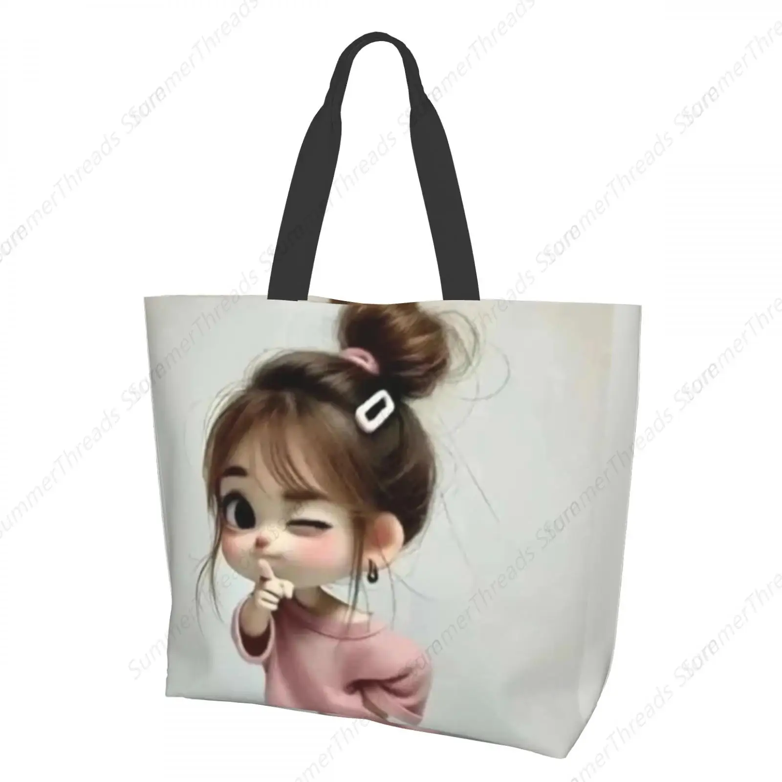 

Cute Girl Illustration Tote Bag for Women Large Print Bags Portable Beach Bag Reusable Grocery Bags Waterproof