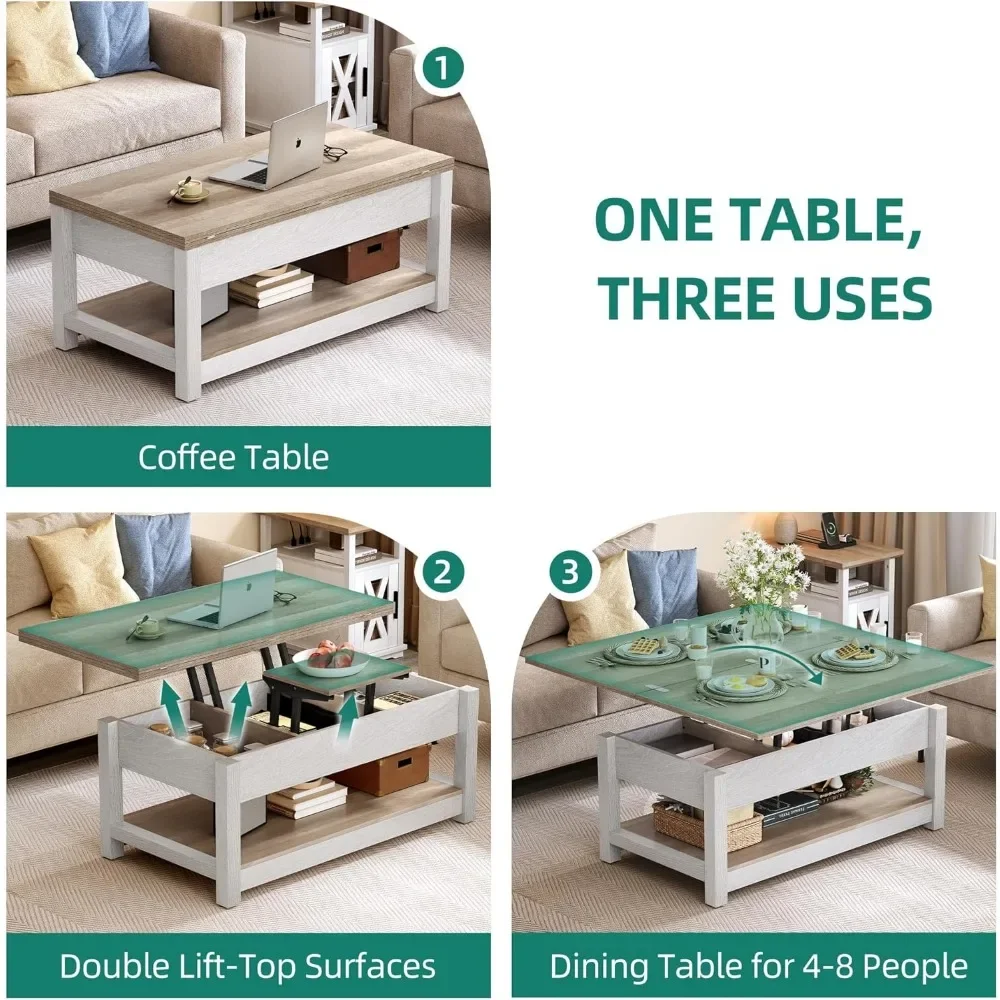 Lift Top Coffee Table, 3 in 1 Multi-Function Coffee Tables with Storage for Living Room, Farmhouse Modern Dining Table