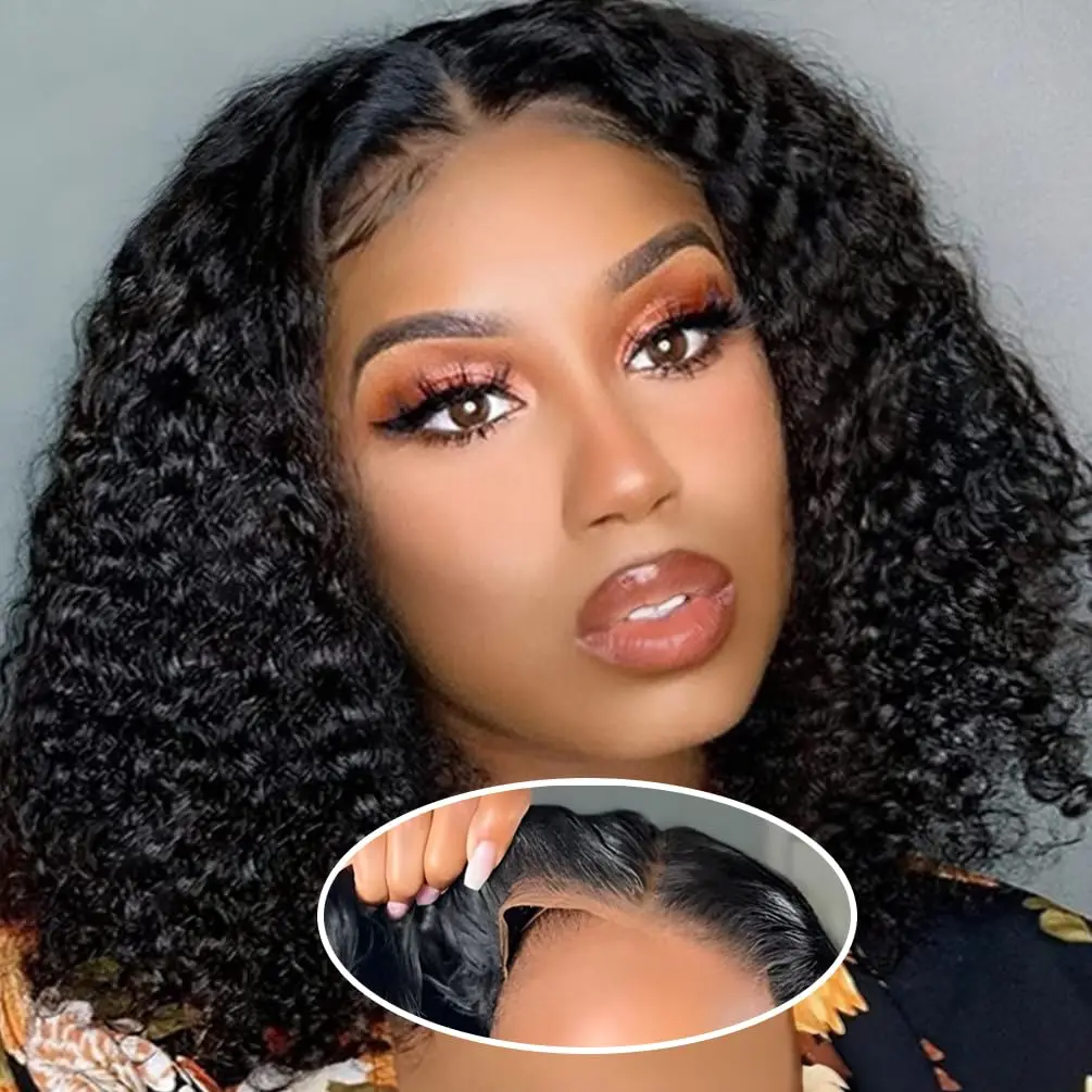 

Парик из натуральных волос Kinky Curly Bob, без клея, с кружевной основой 4x4, готовый к носке, для женщин, предварительно выщипанный, натуральный цвет, плотность 180%