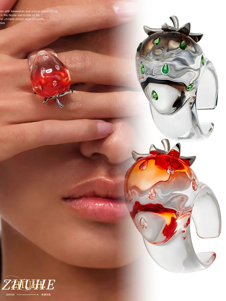

ZHUHE The Gradient Transparent Strawberry Ring With A Sweet And Romantic Style Is A Perfect Jewelry Accessory For Women As A Par
