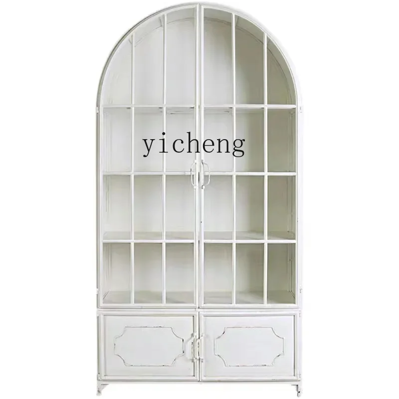 

ZK Household Vintage Storage Cabinet Living Room Glass Iron Open Door Dining Side Locker Storage Display Bookcase Storage home