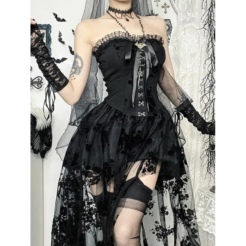 c-ハロウィンコスプレ衣装魔女ドレス秋ロングドレスゴシックスタイルエレガントやや透け感スリムフィットダークブライドメッシュドレス