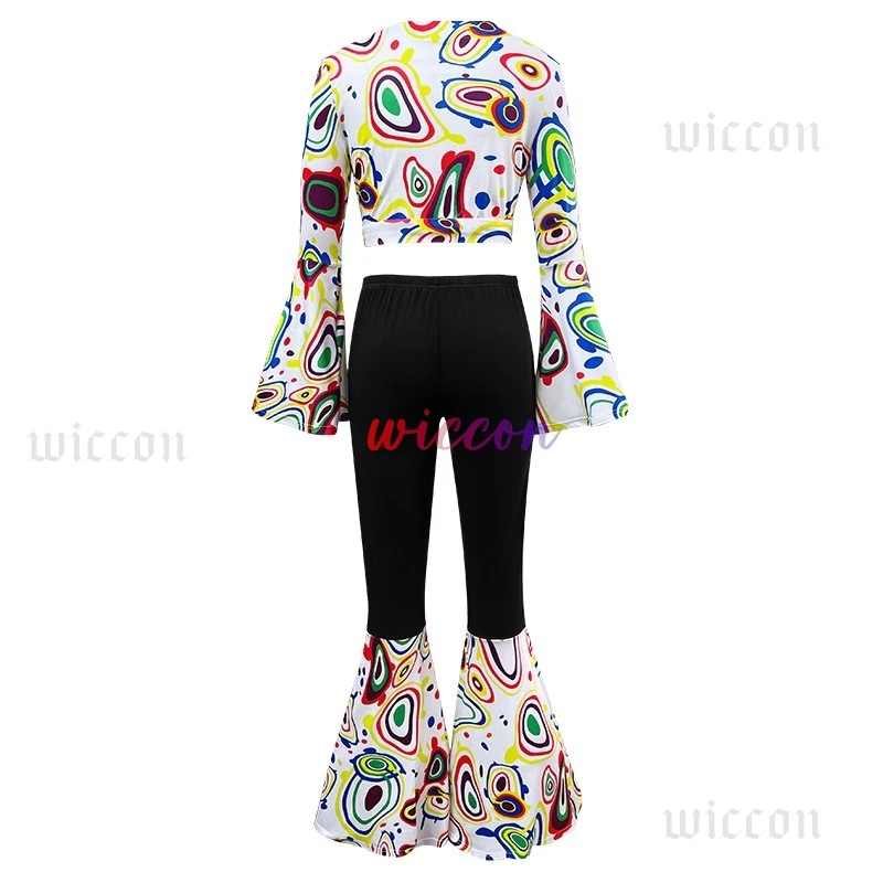 仮装パーティーヒッピーレトロ 70 年代平和印刷衣装衣装ロックディスコ男性女性ヒッピーベルボトム 코스프레 CostumeSuit