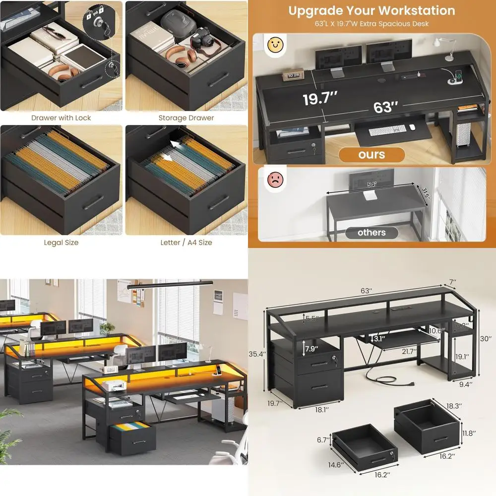 

Черный 63-дюймовый офисный стол для дома с запирающимися ящиками, светодиодной подсветкой, розеткой и местом для хранения