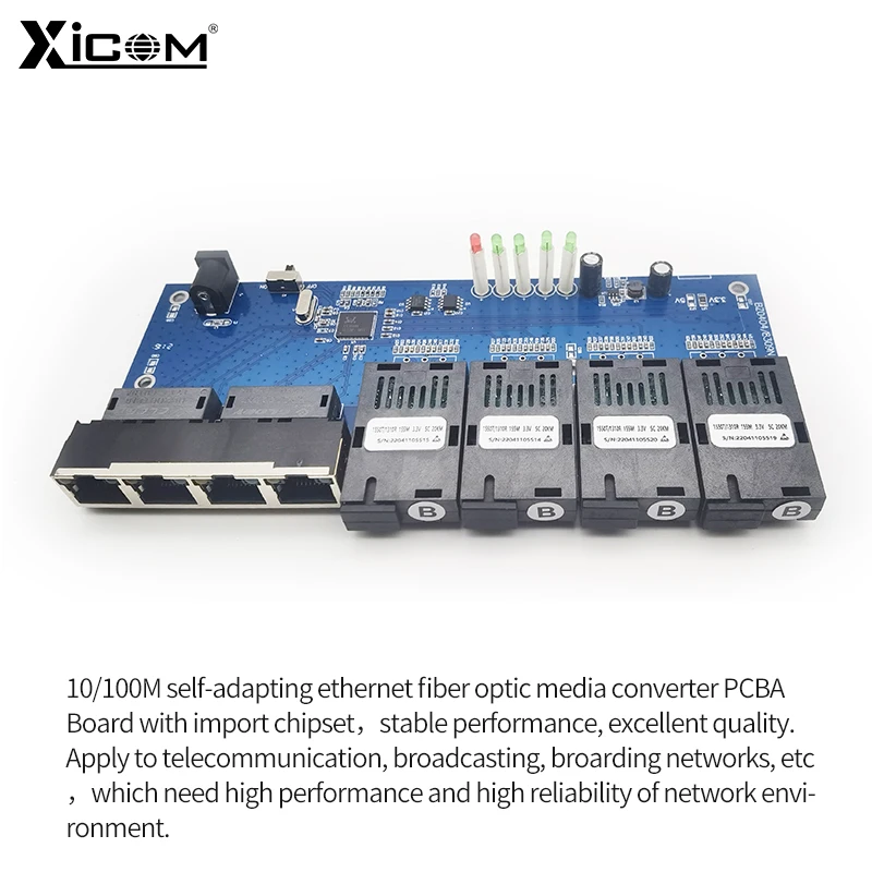 10/100 Ethernet Fiber Switch Optic Media Converter Single Mode PCBA 4 RJ45 4 SC Fibra Optical Transceiver Board 20KM 1310-1550NM