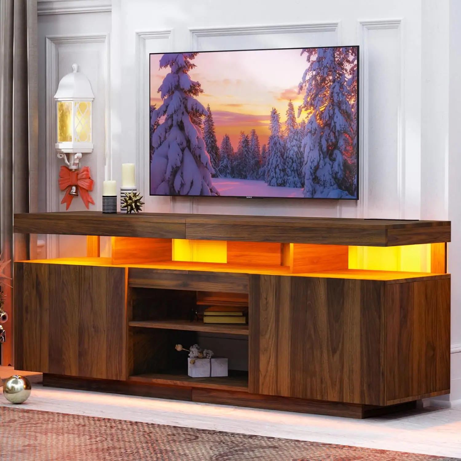 LED TV Stand with Power Outlet - Gaming Console Entertainment Center ulasan dan harga