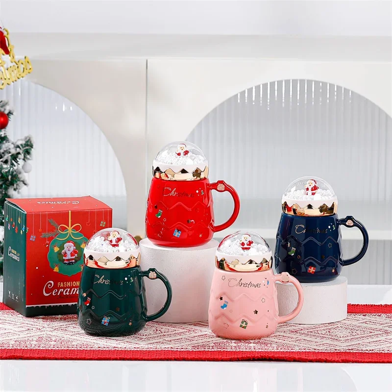 Christmas Mugs Santa Claus Figurines Ceramic Cup with Snowball landscape Lid Creative Xmas Gift Office Home Milk Coffee Cup