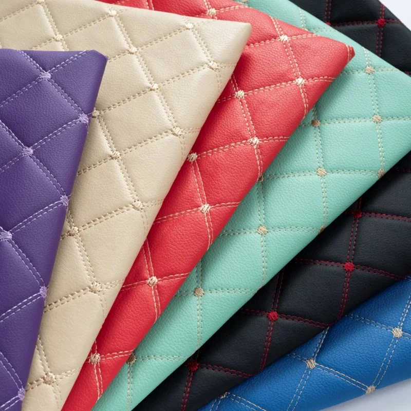 Embroidered Plaid Diamond PU Leather Fabric Thicken Sponge Quilted Artificial Leather for Diy Car Seat Cover Car Roof Upholstery