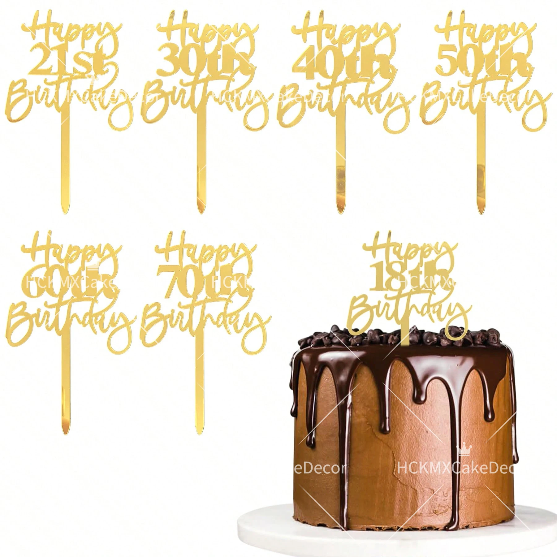 3pcs Gold Happy 18th 21st 30th 40th 50th 60th 70th Birthday Cake Topper Set Acrylic Age Cake Decoration for Party Supplies image 3