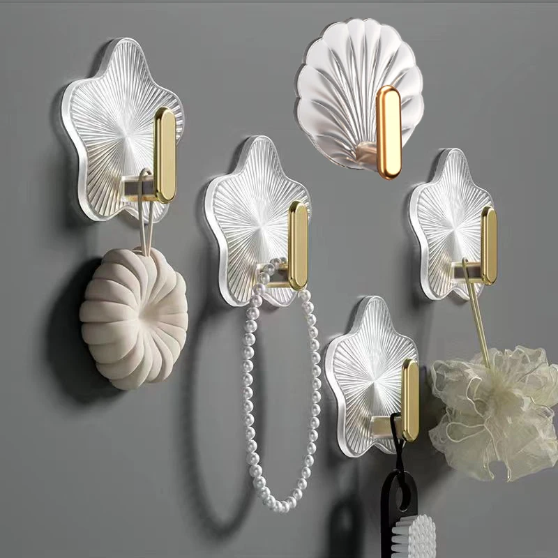 1/3/5pcs Gold-Plated Star and Shell Punch-Free Hook, Waterproof Kitchen Bathroom High Load Bearing, Multi-Functional Door Sticky