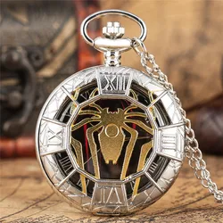 Silver Hollow Out Spider Animal Cover Men Women Quartz Analog Pocket Watch Necklace Chain Roman Number Clock Gifts