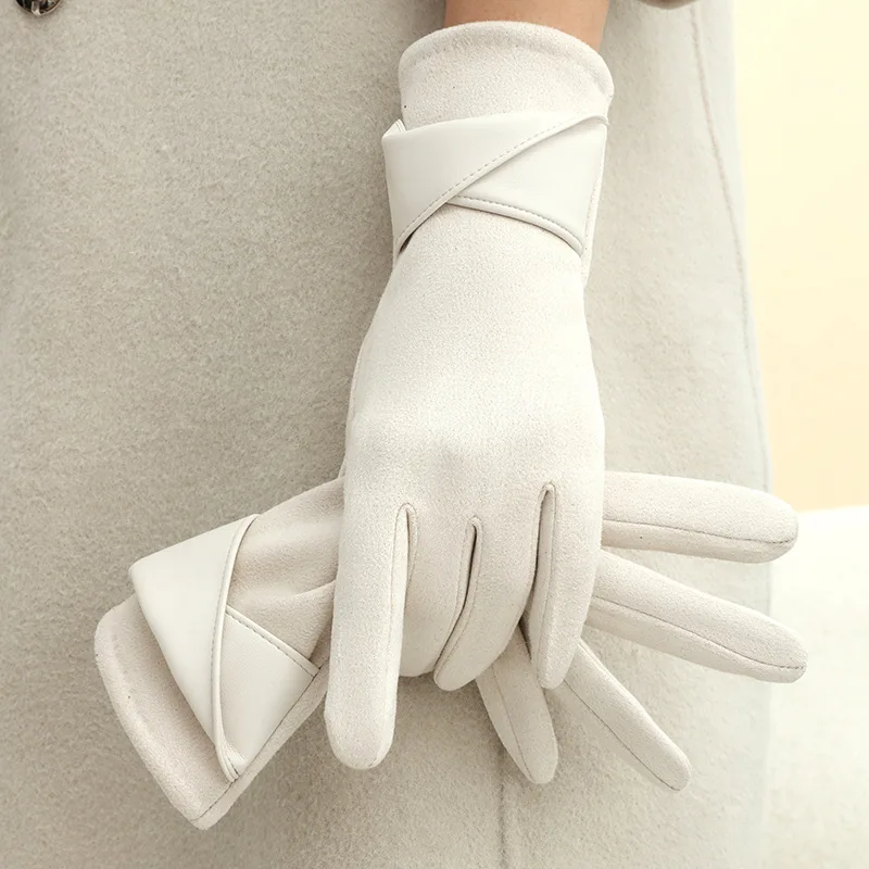 New Suede Gloves for Women Winter Plus Velvet Warm Commercial Style Temperament Bow Touch Screen Riding Driving