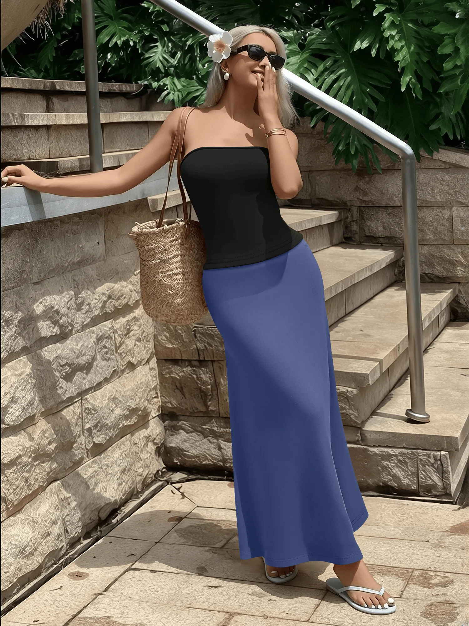 

Minimalist Solid Color Tube Top + Mermaid Maxi Skirt 2 Piece Set Women Daily Commute All-Match Outfit