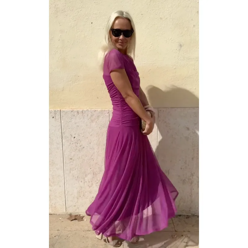 Summer Sexy Women Mesh Sheer Ruched Bodycon Evening Dress Elegant Corset Short Sleeve Flowy Guest Mermaid Cocktail Long Dress