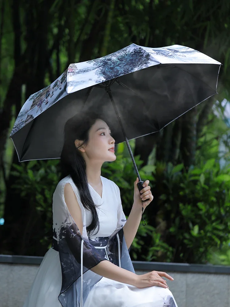 Spray umbrella black technology cooling folding sun protection and UV protection umbrella  dual-purpose national wind umbrella.