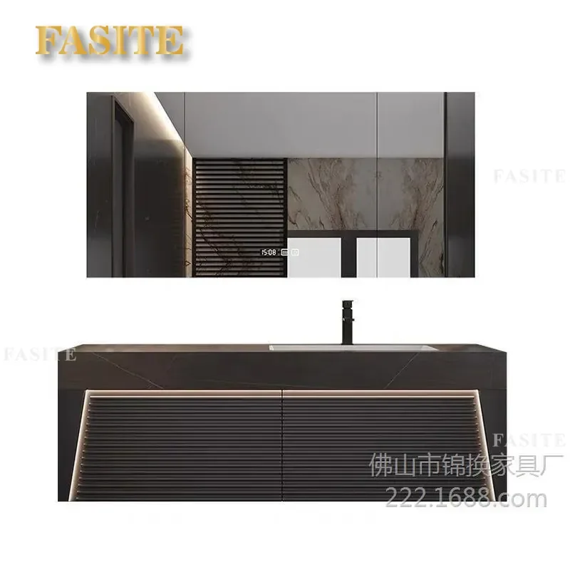 For Modern Oak Bathroom Cabinet with Slate Seamless Ceramic Integrated Basin Washbasin Vanity Unit Combo Durable Waterproof
