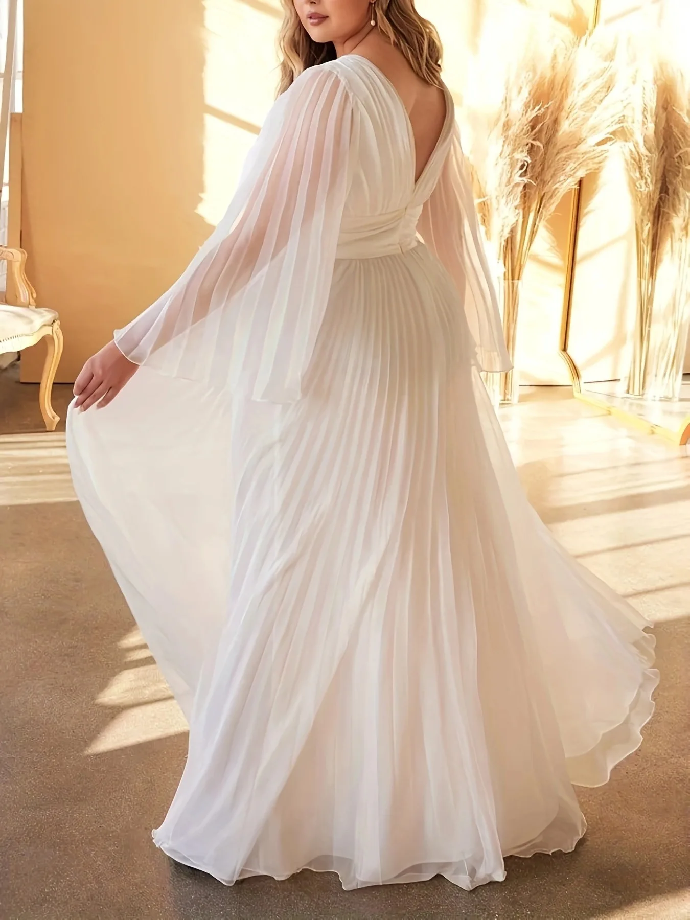 Elegant Solid Color V-neck Flared Long Sleeves Pleated Chiffon Long Plus Size Dress