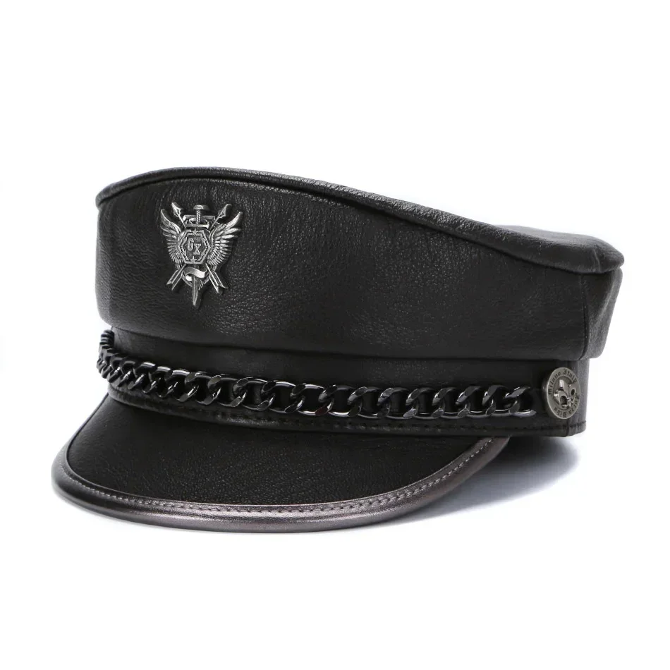 2026 Spring Men‘s Genuine Leather Army Hat Male Flat Top Badge Locomotive Retro Military Caps Students Punk Cortical Chain Gorra view 6