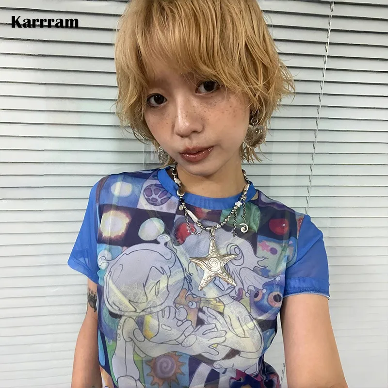 Karrram Japanese Y2k Anime Print T-shirt 2000s Harajuku Short Sleeve Mesh Top Vintage Aesthetics Dreamcore Blue Sheer Top E-girl