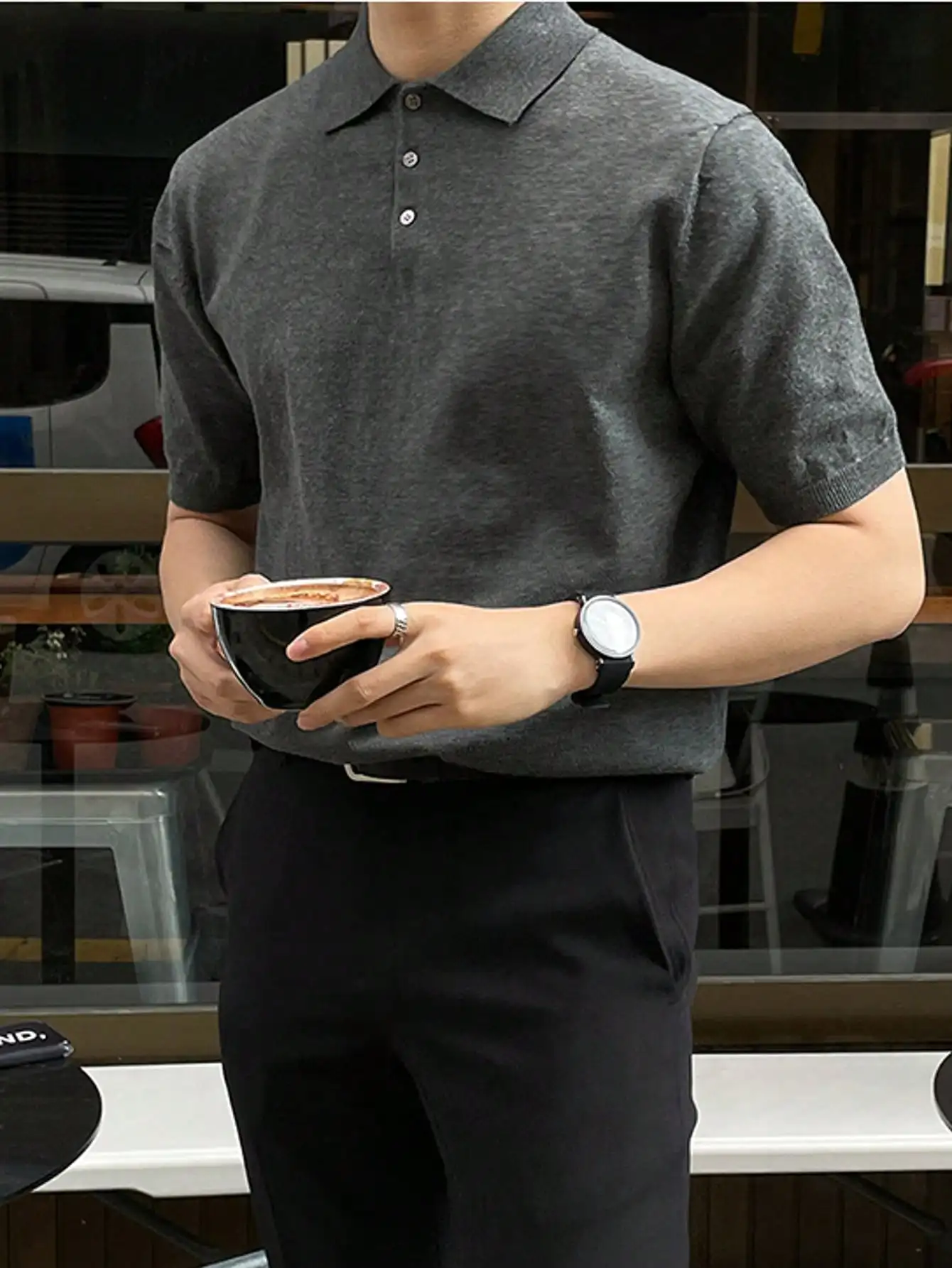 

Летняя мужская футболка-поло в корейском стиле с отложным воротником, модная, свободного кроя, в гонконгском стиле, однотонная, трикотажная, тонкая версия