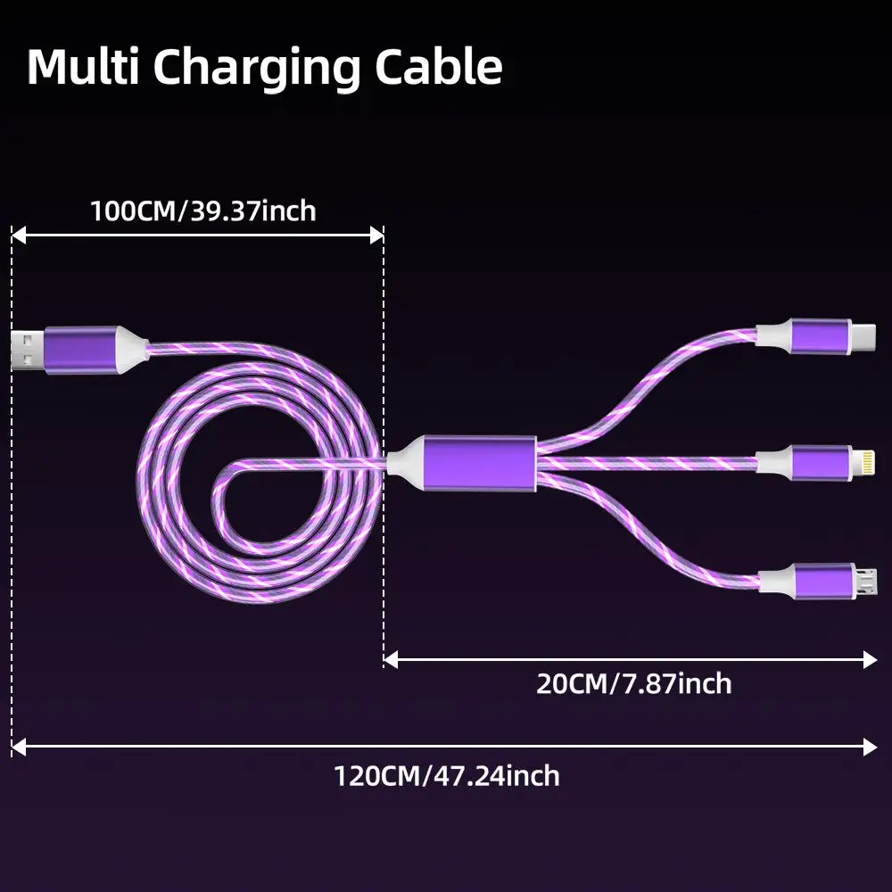 كابل شحن الهاتف 3 في 1 متعدد USB متدفق LED، مع واجهة لموصل شاحن USB Apple + Type C + Micro