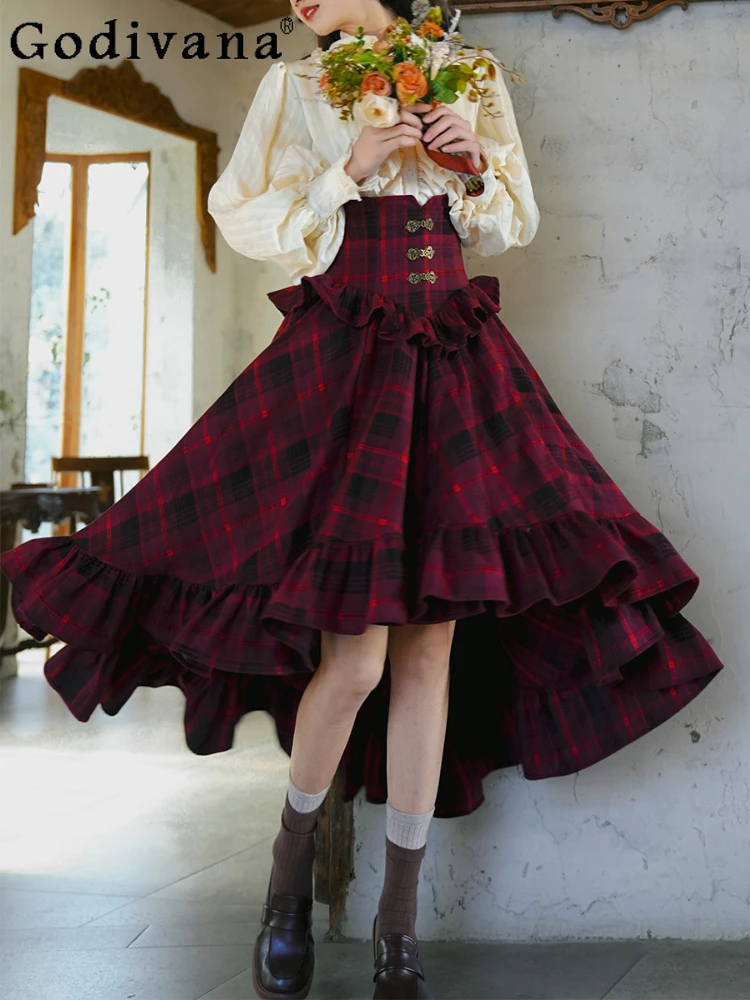French Lady Temperament Retro Plaid Ruffle Edge Waist Cinching Slim Sexy Irregular High Waist Dovetail Big Swing Long Skirt