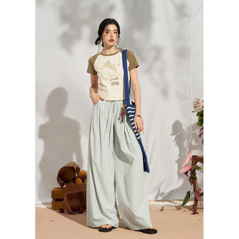 ELFSACK High Waist Straight Leg Pants, Casual Versatile Streetwear, Drawstring Pleated Trousers with Pockets