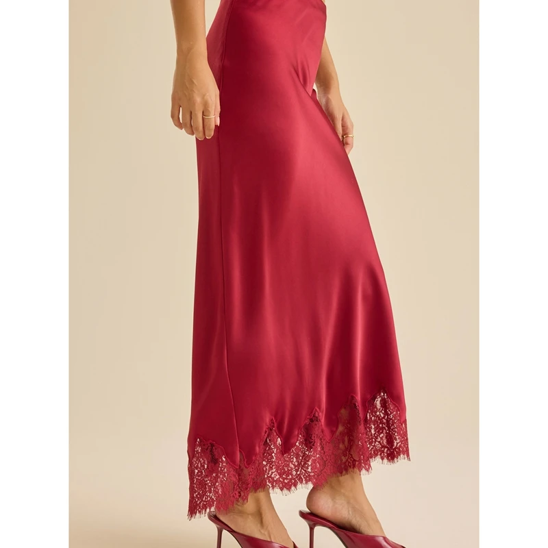 

Атласные шелковые юбки макси для женщин: элегантная летняя юбка А-силуэта с боковой молнией, завышенной талией, кружевным краем и элементами пэчворка, шелковистая юбка-миди на подкладке