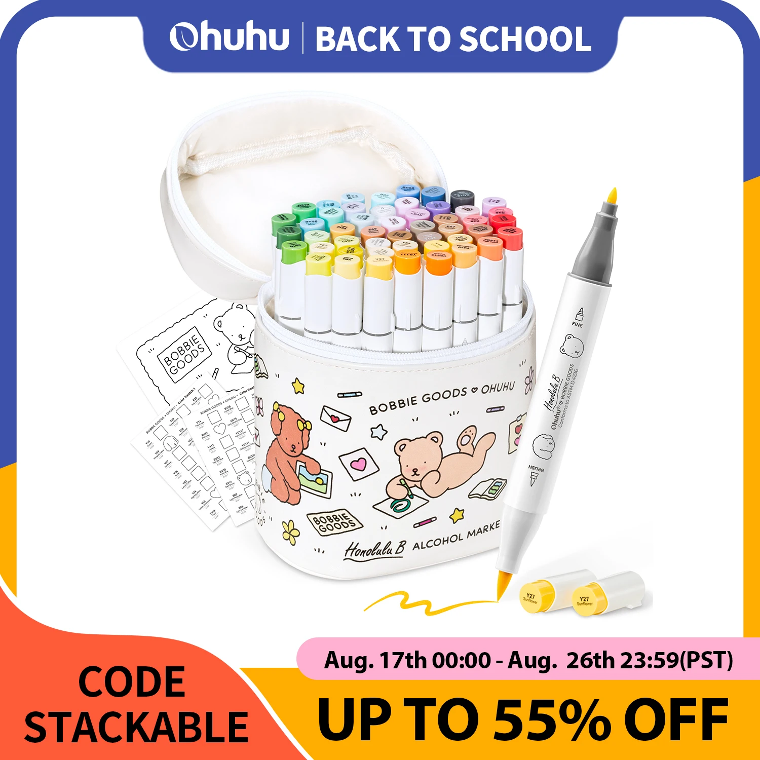 Ohuhu & Bobbie Goods Marcadores de álcool Co-branded Honolulu B 48 cores Marcadores de arte de pontas duplas Colorir Desenho Ilustração de mangá