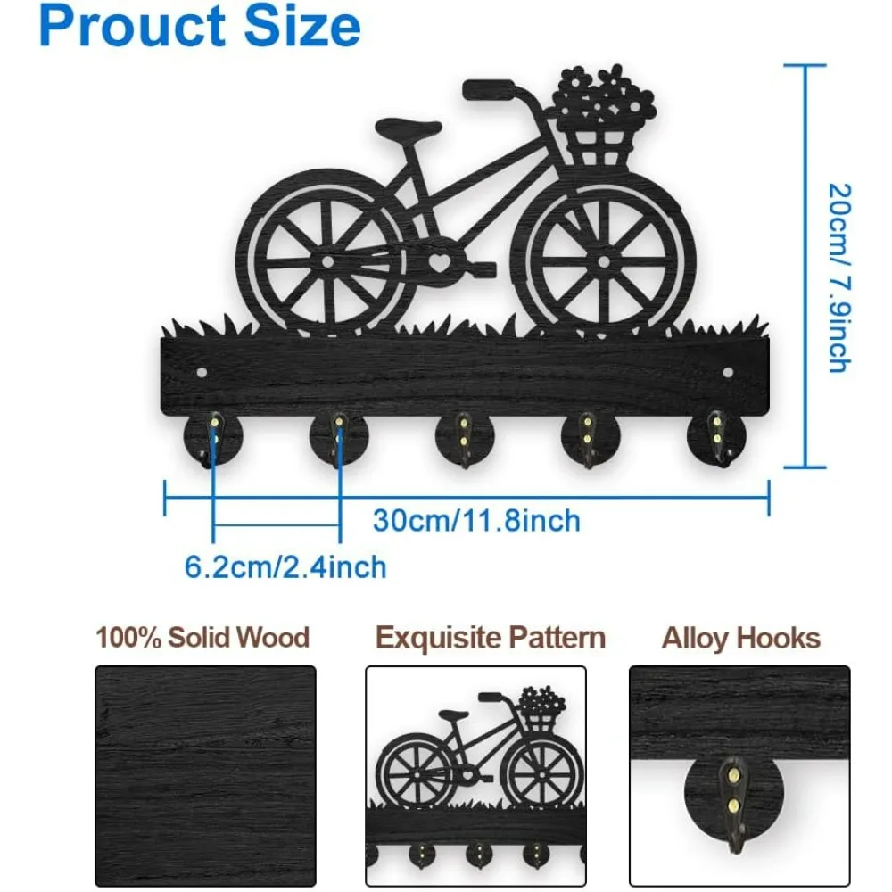 Wood Bicycle Flower Meadow Coat Hooks Grass Bike Key Holder for Wall 11.8×7.9inch Cycling Flower Basket Wall Art Decor Key