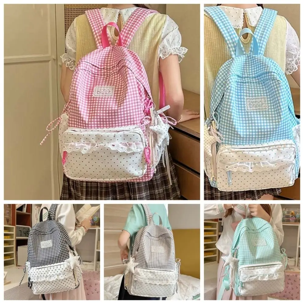 Korean Style Plaid Backpack Ruffle Design Pastel Color Lace Schoolbag Zipper Closure Multi Pockets Gingham Daypack Commute