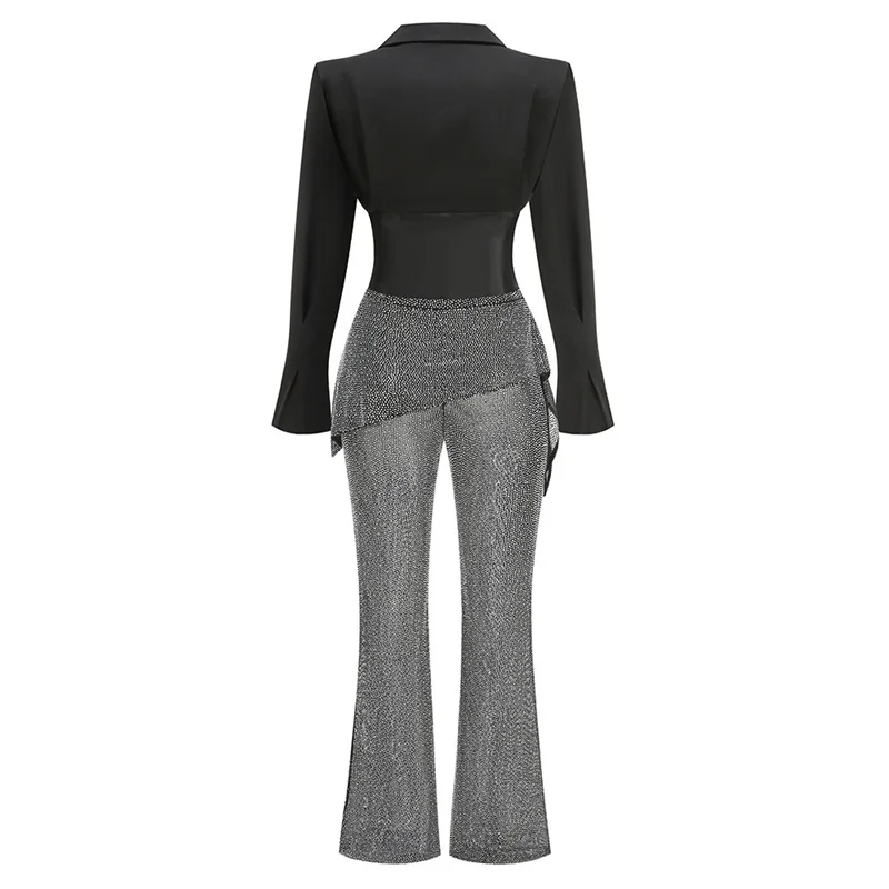 Luxury Crystals Women Suit Set 2 Pieces Sexy Short Jacket+Flare Pants Trousers Formal Birthday Coat Prom Wedding Tuxedos
