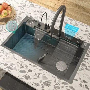 Double Waterfall Sink 304 Stainless Steel Kitchen Sink Embossed Large Single Slot Digital Display Wash Basin for Kitchen