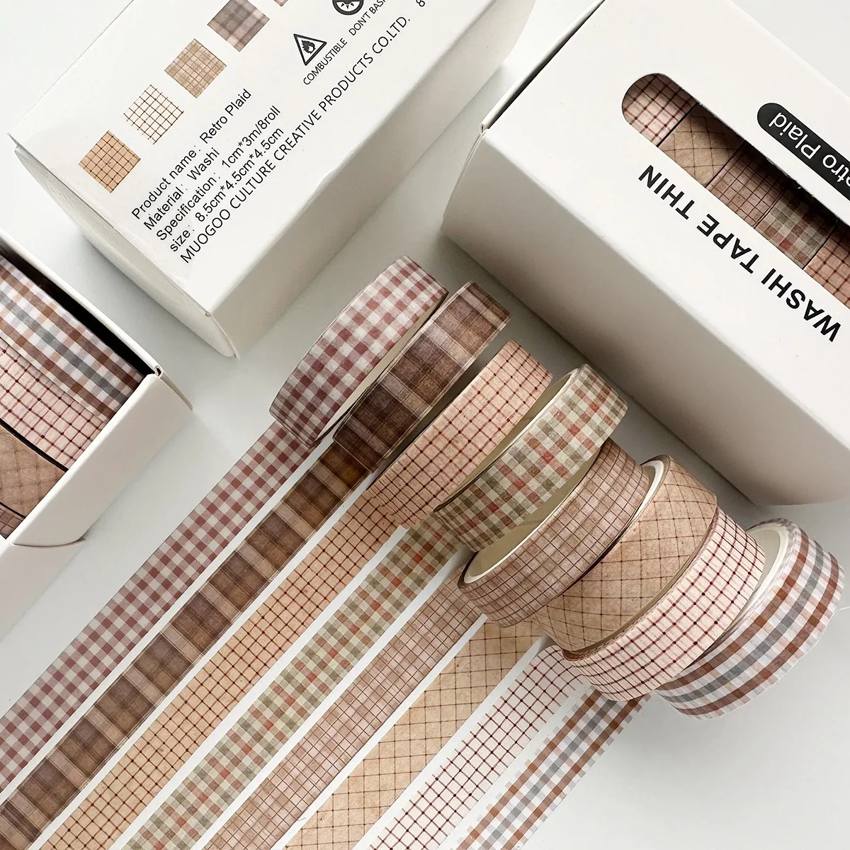 8PCS Retro Craftsmanship Checkered Pattern Self Adhesive Tape Set, 3-Meter Diary Handbook Masking Pattern Paper Tape Set