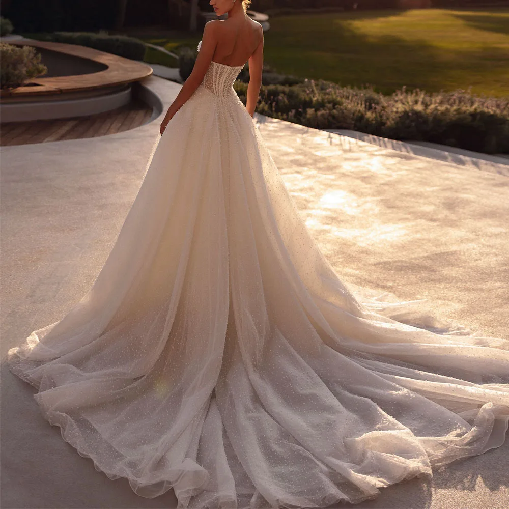 تخصيص اللؤلؤ مشد فستان الزفاف لحفلات الزفاف الحبيب الوهم ألف خط فساتين الزفاف تول تنورة vestidos de novia