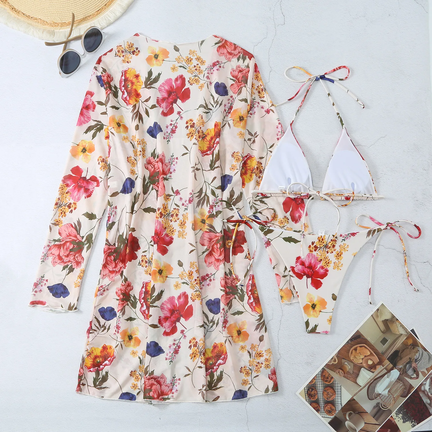 Women's Digital Print 3 Piece Bikini Set With Long Sleeve Cover Up Quick Dry High Elastic For Beach Holiday