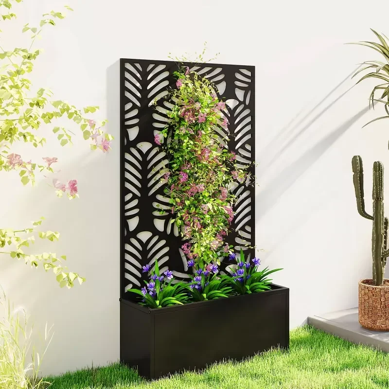 Customize Metal Trellis with Planter Box Outdoor Raised Garden Bed with Climbing Plant Patio Decor for Flowers & Vines