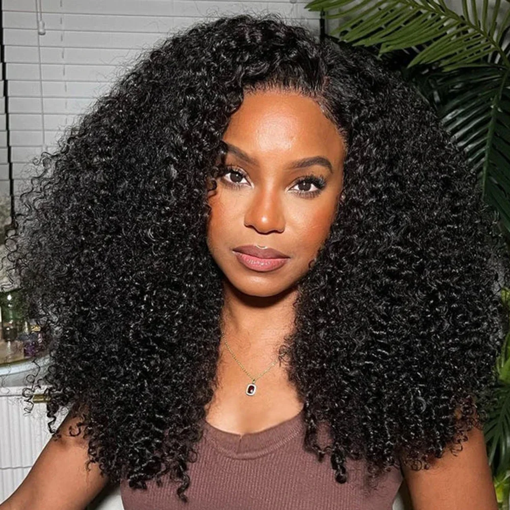 Perruque Lace Front Wig sans colle bouclée crépue noire naturelle pour femme noire, cheveux de bébé doux, densité 180, préplumée, degré de chaleur, 26 po, 03/3