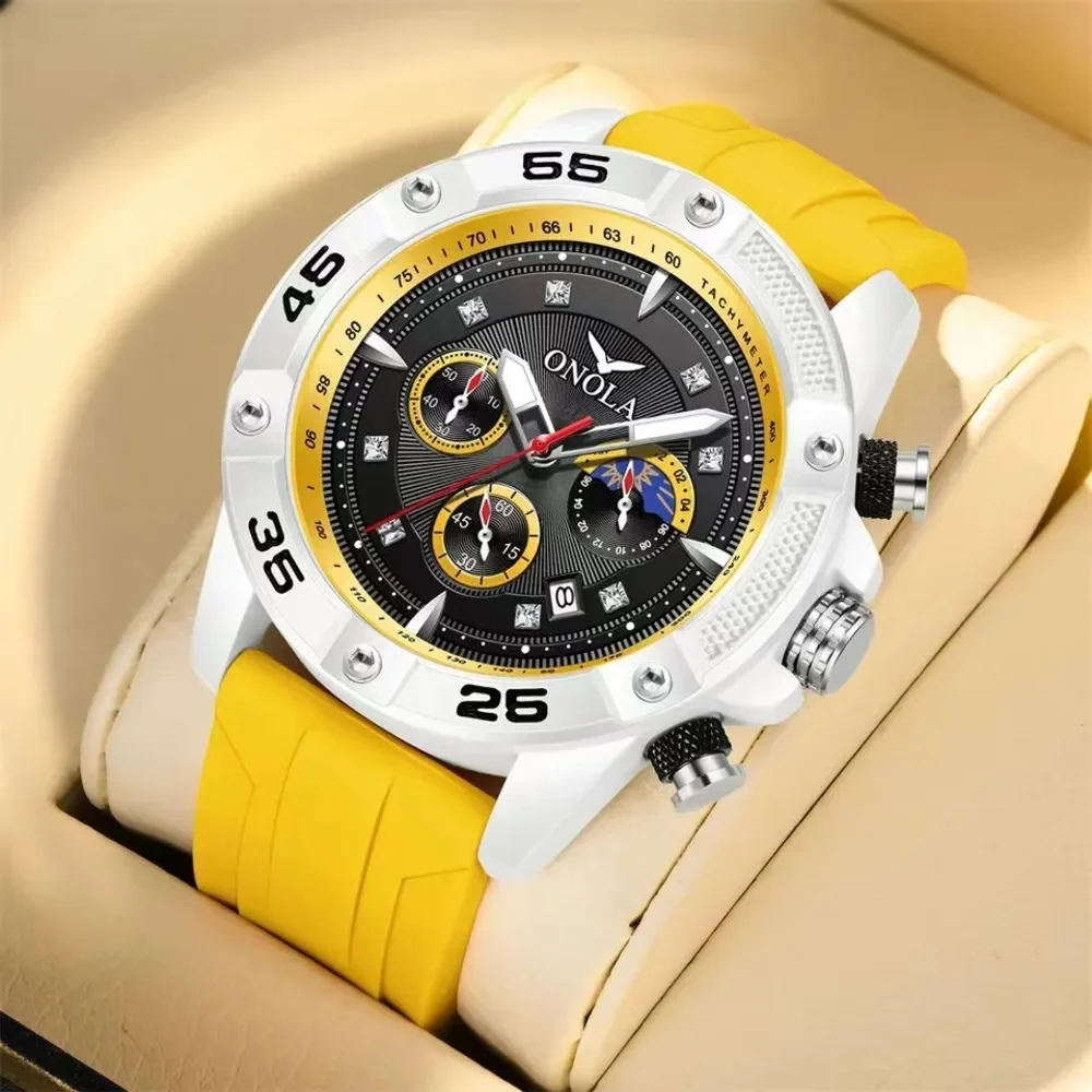 

ONOLA 6850 Luxury Watch Waterproof Luminous Moon Phase Timer Multi Functional Sports Watch Silicone Strap Quartz Watches for Men