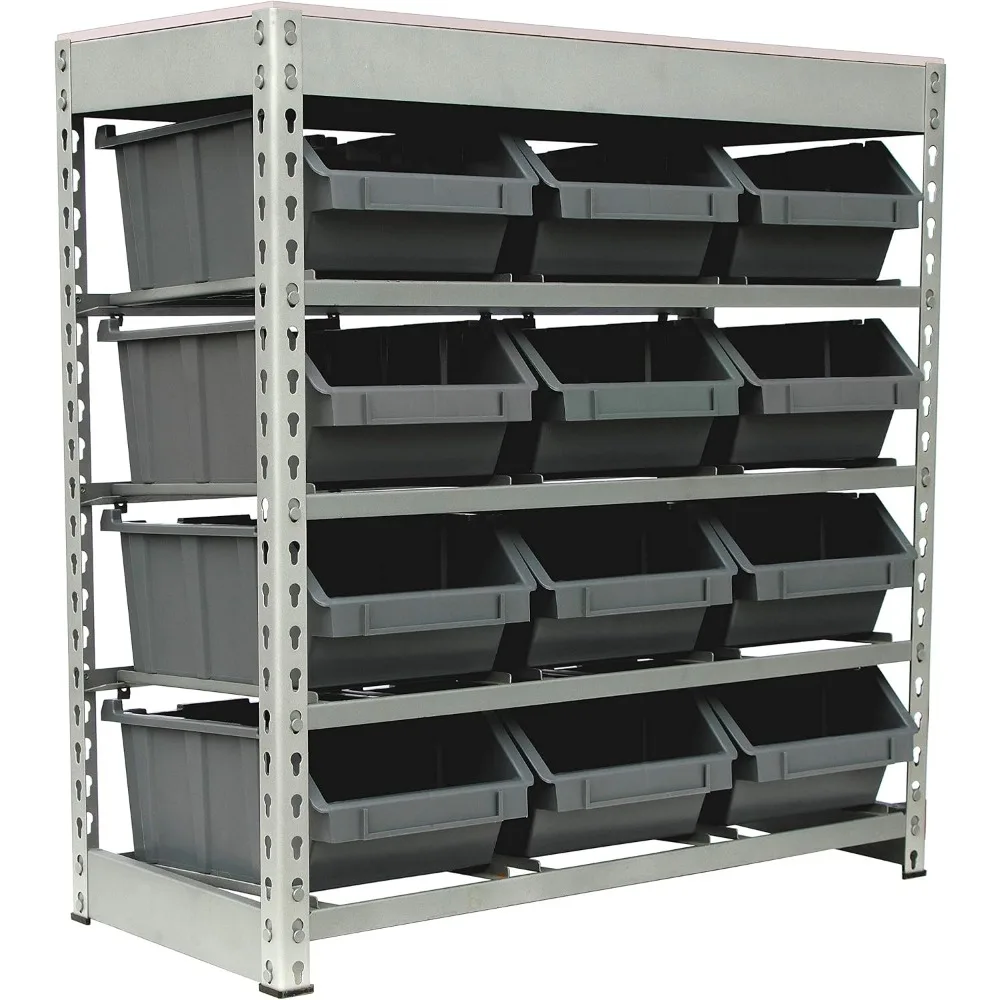 

King's Rack Bin Rack Boltless Steel Storage System Organizer w/ 12 Plastic Bins in 4 Tiers