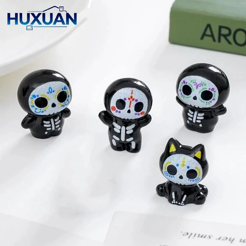 6Pcs Cute Mini Resin Sugar Skull Statues Adorable Cartoon Design For Halloween Decor Desktop Ornament DIY Craft Projects