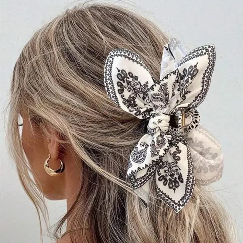 

Double sided Bow Hair Claw for women Large Bohemian Cashew Print shark hairclips girls Vintage Satin Horsetail Clip headwear