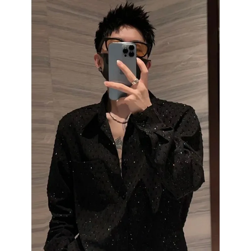 Summer Breathable Hollow Shirt Starry Star Shirt Handsome Men's Long Sleeve Sequins Loose
