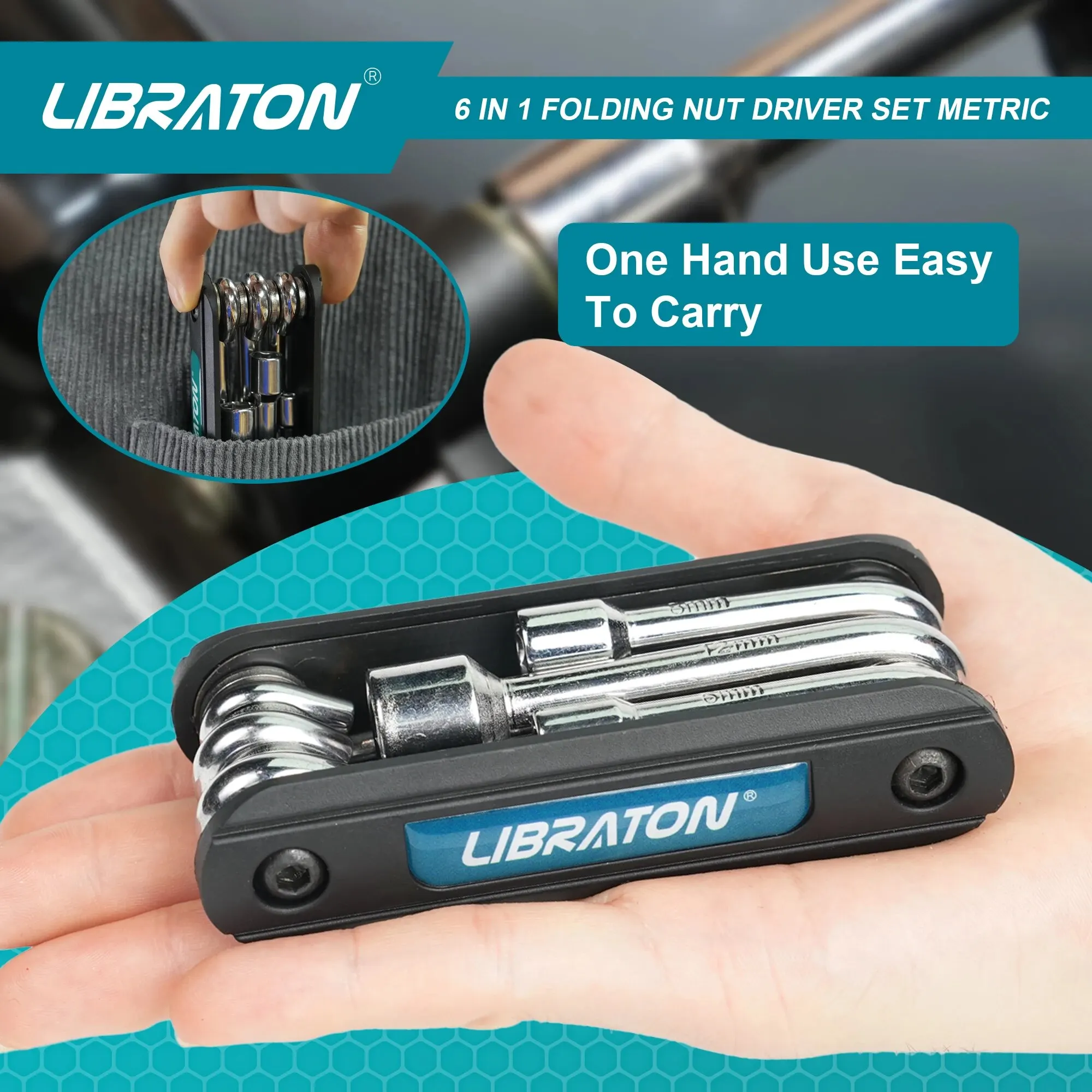 LIBRATON 6 in 1 Folding Nut Driver Set Metric Hex Nut Driver Set Folding Socket Wrench Cr-V Steel Shank Portable Premium Handle