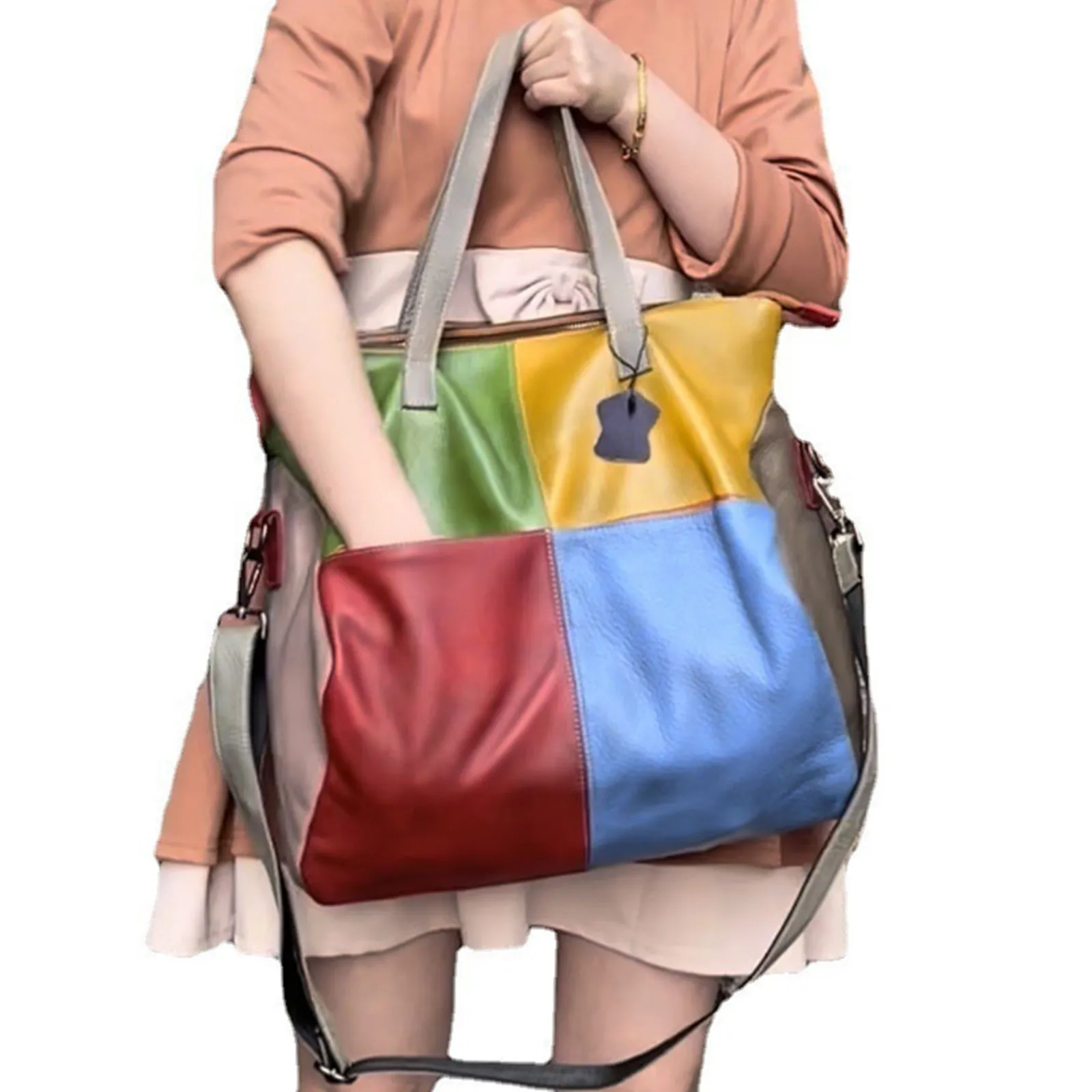 Ms. Splicing Contrast Color Women Handbag Head Layer Cowhide Shoulder Crossbody Bag Girl Travel Messenger Antiquing Storage Case view 6