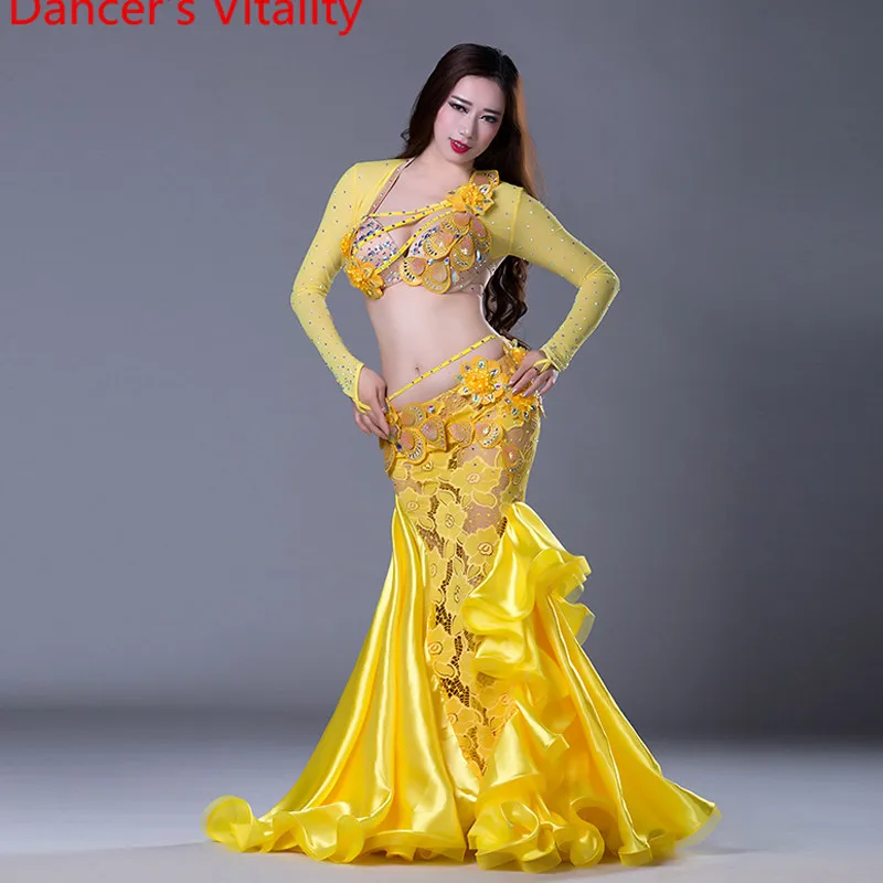 NEW stage Luxury Girls Belly Dance Costumes Long Sleeves Bra+Lace Skirt 2pcs Belly Dance Suit Women Ballroom Dance Set